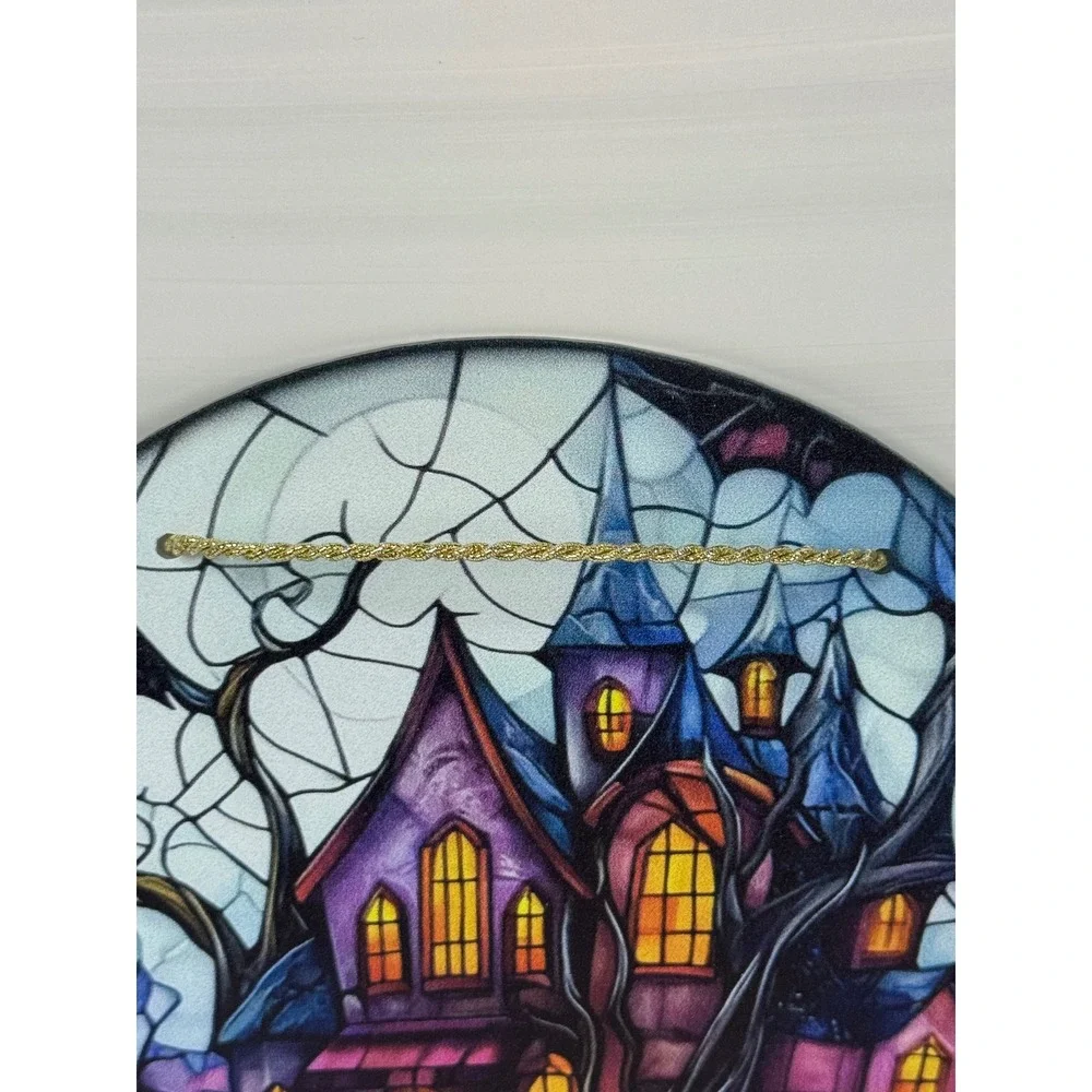 Chengy Co Halloween Haunted House Pumpkin Stained Glass Style Suncatcher 7.5